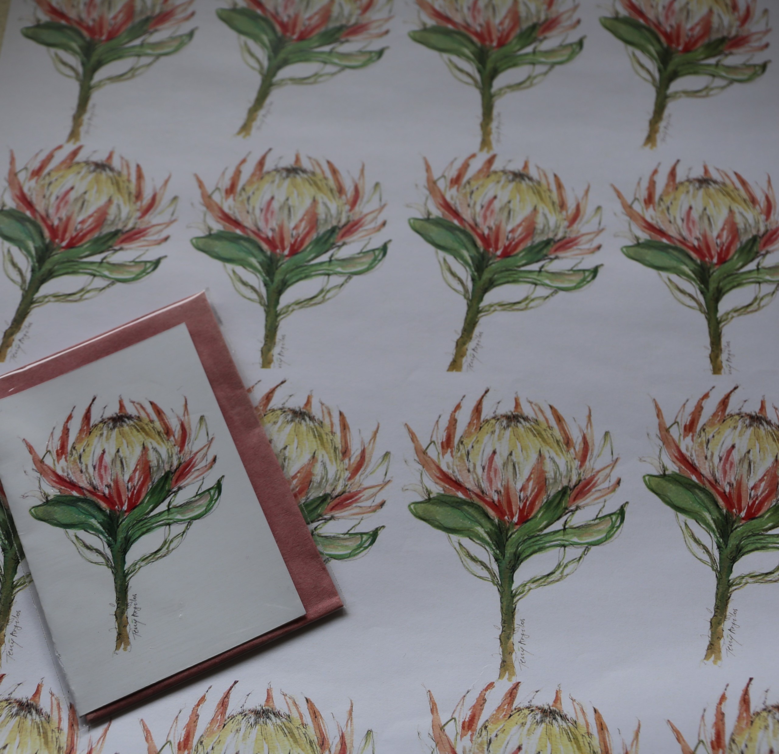 BW006 Watercolour Protea gift wrap & card to mathc B039